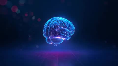 Futuristic 3D Holographic Brain Model Rotating in Virtual Lab