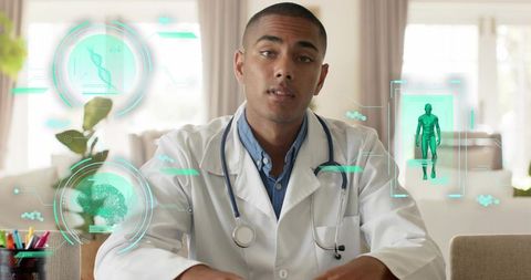 Home telemedicine consultation with holographic anatomy, dna and brain visualization