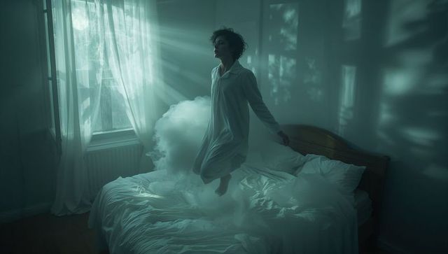 Teen female in white gown levitation by bed surrounded by mist