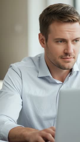 Vertical video of focused professional leaning forward typing on laptop at desk