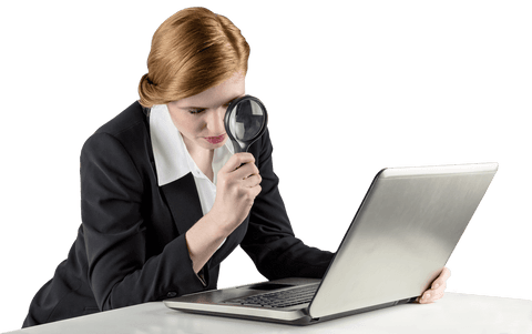 Redhead Businesswoman Examining Laptop with Magnifying Glass Transparent Background - Download Free Stock Videos Pikwizard.com