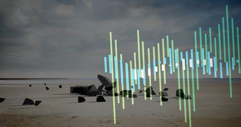 Translucent audio waveform on serene beach landscape with rocks