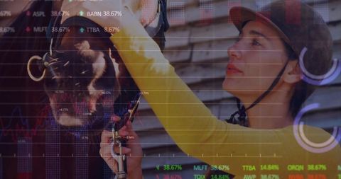 Equestrian Woman Preparing Horse with Stock Market Graphs Overlay