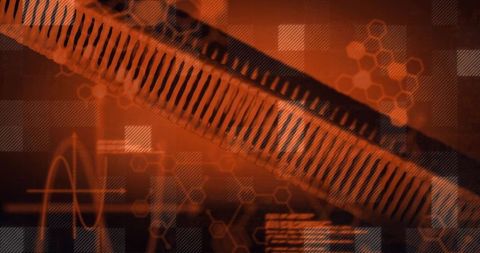 Diagonal Ribbed Cylinder Running Across Orange Interface with Hexagon Grid and Waveform Lines