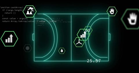 Neon teal sports court hud dashboard with analytics hexicons and holographic readout