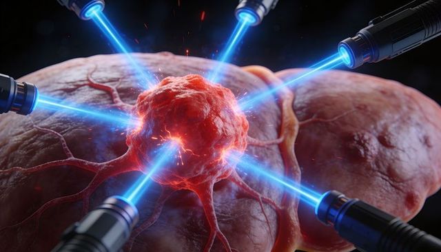 Robotic lasers targeting cancerous tumor with multi-beam precision and vascular detail