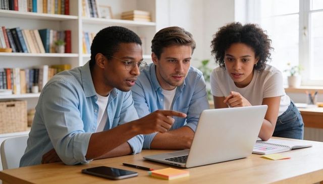Young professionals collaborating over laptop in bright home office for project planning