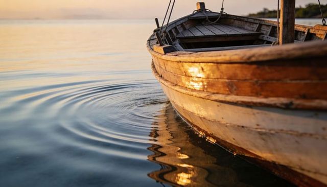 Sunset light glowing on weathered wooden rowboat with rippling reflections and varnish
