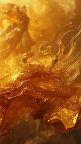 Vertical 4K Macro Video Flowing Golden Viscous Liquid with Shimmering Tendrils