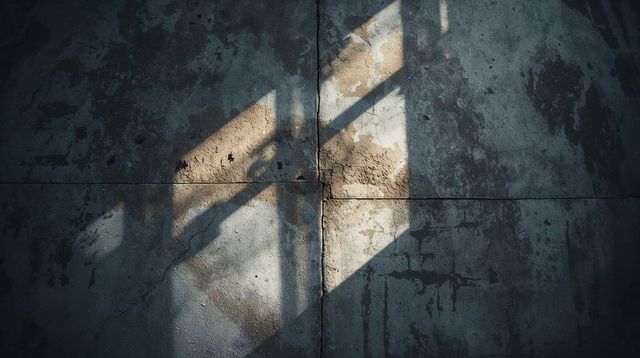 Sunlit worn concrete wall with geometric window-frame shadow, weathered plaster and cracks