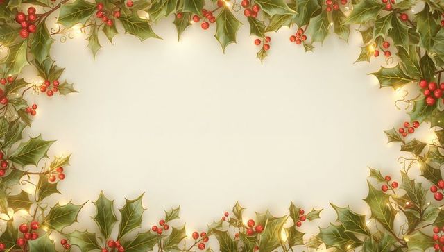 Framing parchment panel with glossy holly leaves, red berries, golden swirls and warm lights