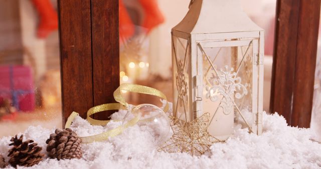 This image shows a white Christmas lantern surrounded by snow, a golden ribbon, pine cones, and a gold star ornament. The candle inside the lantern adds a warm, soft light, creating a cozy holiday atmosphere. Perfect for use in holiday cards, festive home decor websites, winter-themed advertisements, and seasonal blog posts.