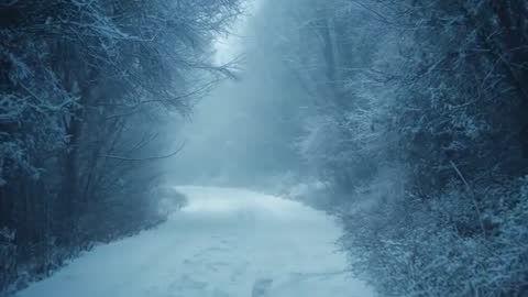 Camera moving along snowy forest lane into misty winter clearing with frosted branches