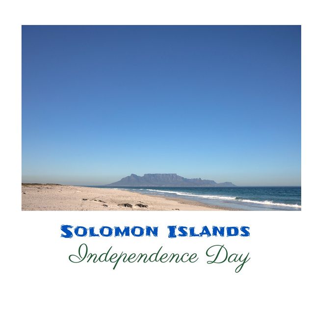 Scenic view of beach against clear blue sky on sunny day and solomon islands independence day text. digital composite, copy space, nature, sea, summer, patriotism, celebration, freedom and identity.