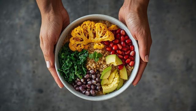 Vibrant vegan grain bowl with fresh vegetables and herbs