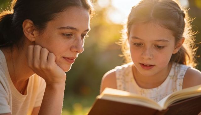 Mother and daughter reading together outdoors during golden hour bonding over book