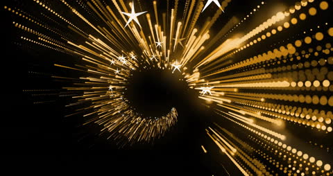 Gold Light Trails with Twinkling Stars on Black Background