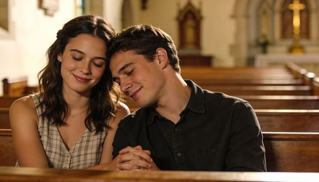 Young couple sitting in church pew leaning heads and holding hands near altar cross