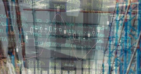 Digital Stock Market Graphs Overlay Empty Warehouse Interior