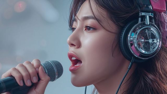 Passionate singer with headphones performing in recording studio