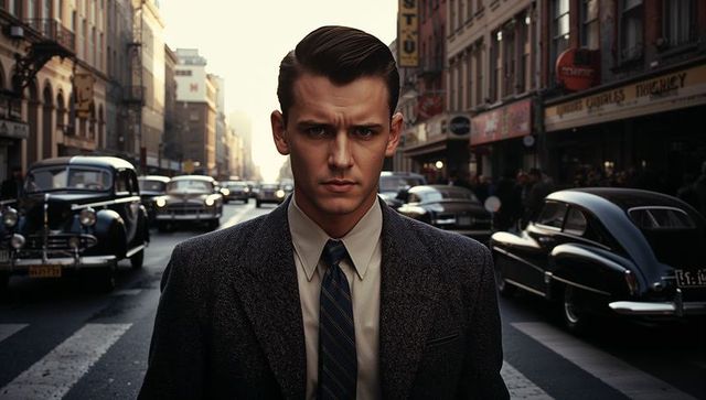 Standing sharply dressed man crossing midcentury city crosswalk at golden hour cinematic