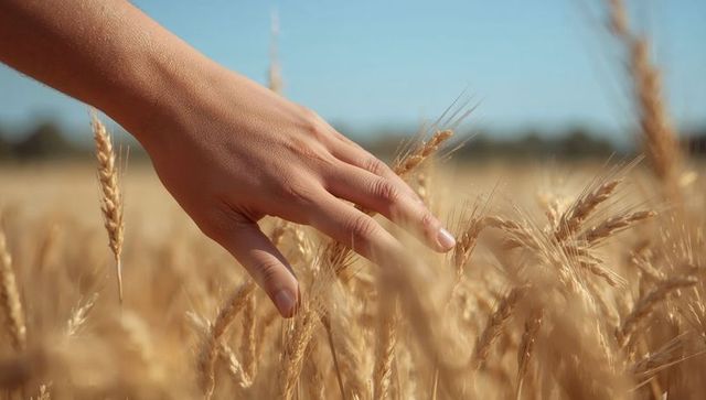 Single hand gliding through golden wheat heads harvest scene under clear blue sky