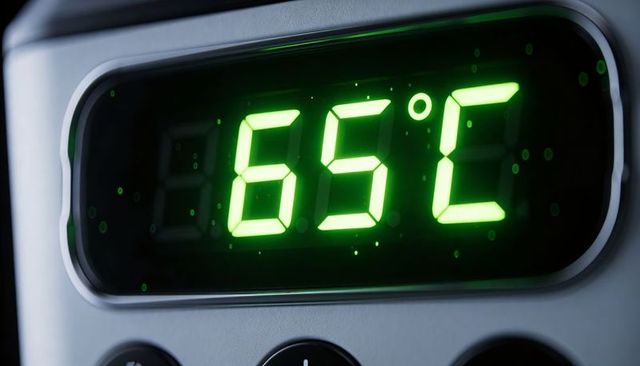 Green 65°c digital temperature display close-up on appliance control panel chrome knobs