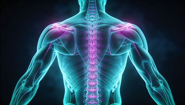 Neon glowing spine and back musculature rear view highlighting vertebrae and ribs