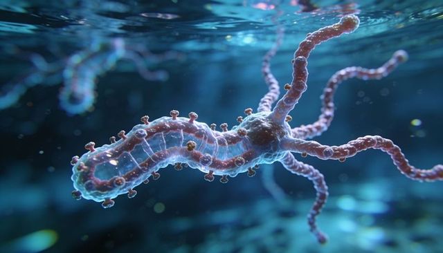 Bioluminescent translucent marine creature drifting with curling tentacles, light particles