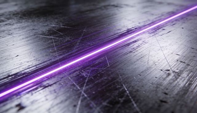 Diagonal purple neon light running across scratched metal surface, futuristic glow