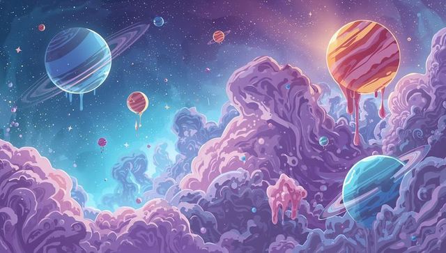 Vibrant cosmic landscape with dripping planets and colorful nebula