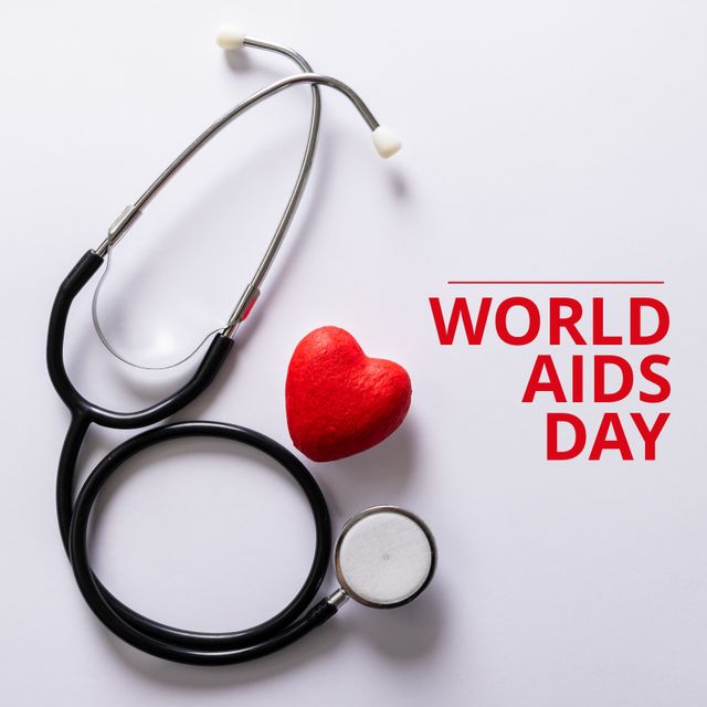 Composite of world aids day text with stethoscope and red heart on white background, copy space. Hiv, awareness, medical equipment, disease, healthcare and prevention concept.
