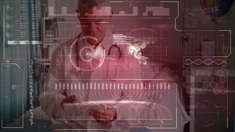 Doctor Analyzing Digital Medical Data with Futuristic Interface Overlay