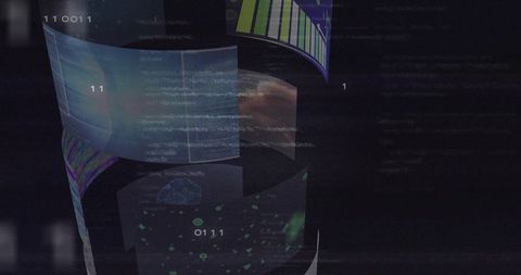 Rotating holographic data cylinder displaying neon code, nebula layers and glitch effects