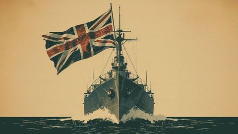Vintage british empire warship sailing with union jack in open seas