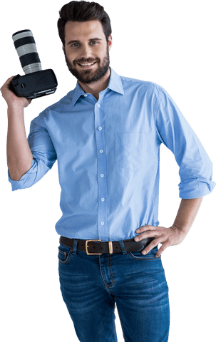 Transparent confident photographer holding professional camera