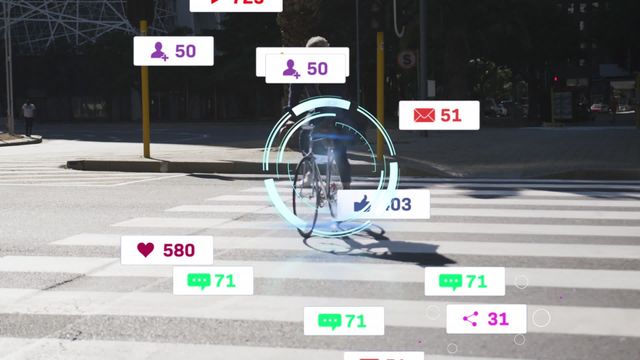 Digital interface analyzing cyclist while crossing street in urban environment. Ideal for use in technology, smart cities, AI research, and digital interaction concepts, demonstrating data collection, user interaction, and futuristic urban living.