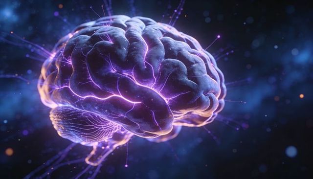 Neon Brain Pulsing with Glowing Neural Pathways and Synapses Representing AI Intelligence
