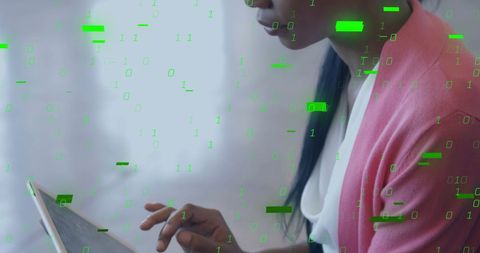 Woman Interacting with Tablet Surrounded by Binary Code
