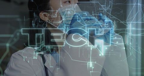 Female Doctor Pulling Glove with Holographic TECH Overlay Symbolizing Medical Technology