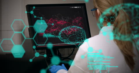 Scientist Analyzing Complex Data with Digital Interface