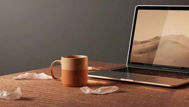 Warm two-tone ceramic mug on textured desk with laptop and crumpled tissues, cozy workspace