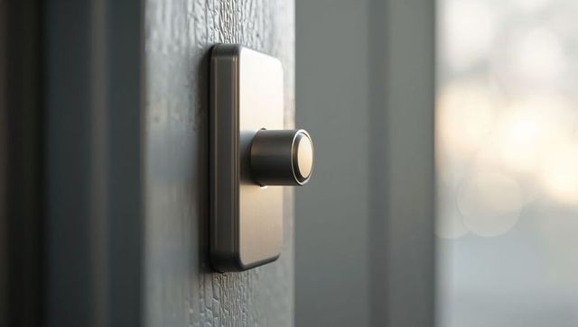 Sleek smart doorbell with brushed metal plate and LED round push button on door jamb