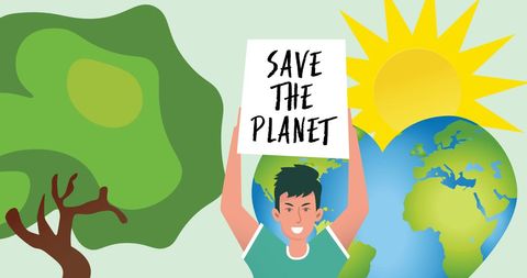 Man holding save the planet sign with heart-shaped earth