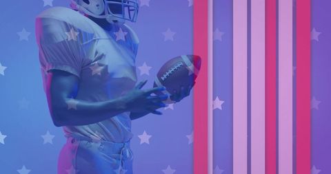 American Football Player Holding Ball Amidst Patriotic Theme
