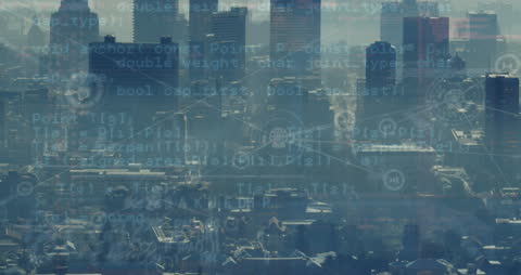 Futuristic Digital Interface Overlaying Cityscape Imagery