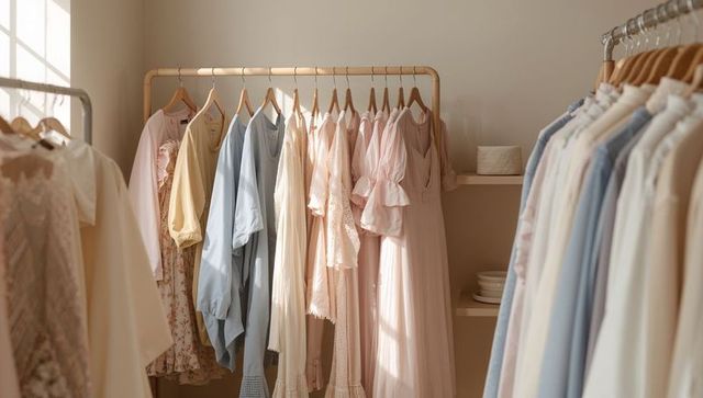 Sunlit pastel fashion collection on wooden hangers in boutique display