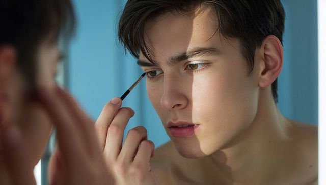 Young man grooming eyebrows at bathroom mirror closeup natural light beauty routine
