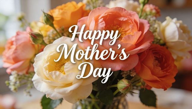 Happy mother's day peach and cream rose bouquet with soft window light and script