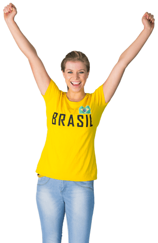 Excited Brazilian Football Fan with Arms Raised in Celebration, Transparent Background